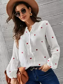 EURMUSE Notched Heart Print Lantern Sleeve Blouse - White - View 5
