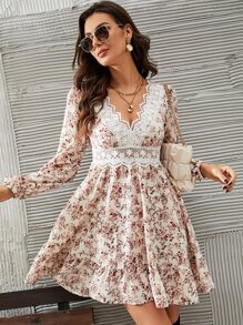 SHEIN Frenchy 碎花水溶蕾絲拼接燈籠袖洋裝 - 彩色 - 查看 5