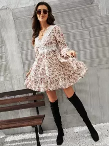 SHEIN Frenchy 碎花水溶蕾絲拼接燈籠袖洋裝 - 彩色 - 查看 6