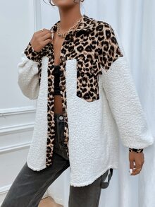 Abrigo teddy de leopardo con bolsillo con solapa amplio - Multicolor - Ver 3