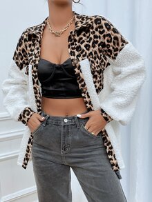 Abrigo teddy de leopardo con bolsillo con solapa amplio - Multicolor - Ver 4