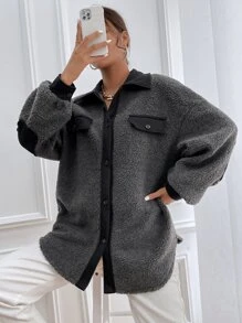 落肩袖拼接邊搖粒絨外套 - 深灰色 - 查看 1