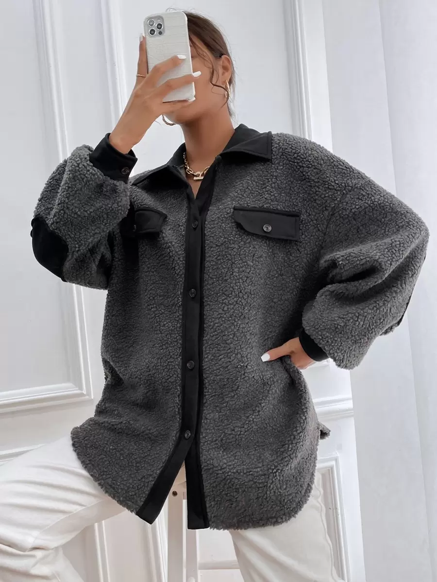 落肩袖拼接邊搖粒絨外套 - 深灰色 - 查看 1