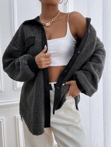 落肩袖拼接邊搖粒絨外套 - 深灰色 - 查看 3