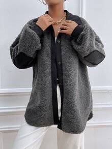 落肩袖拼接邊搖粒絨外套 - 深灰色 - 查看 4