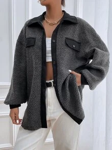 落肩袖拼接邊搖粒絨外套 - 深灰色 - 查看 5