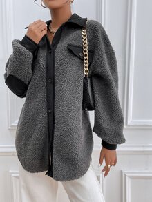 落肩袖拼接邊搖粒絨外套 - 深灰色 - 查看 6