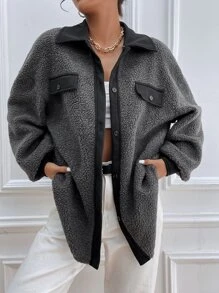 落肩袖拼接邊搖粒絨外套 - 深灰色 - 查看 7