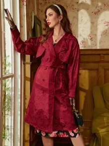 Mulvari Burgundy Red Jacquard Double Breasted Drop Shoulder Belted Coat - Burgundy - View 1