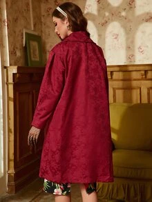 Mulvari Burgundy Red Jacquard Double Breasted Drop Shoulder Belted Coat - Burgundy - View 2
