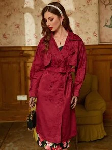 Mulvari Burgundy Red Jacquard Double Breasted Drop Shoulder Belted Coat - Burgundy - View 3