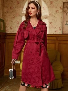 Mulvari Burgundy Red Jacquard Double Breasted Drop Shoulder Belted Coat - Burgundy - View 4