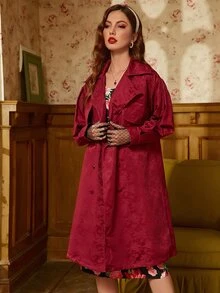 Mulvari Burgundy Red Jacquard Double Breasted Drop Shoulder Belted Coat - Burgundy - View 5