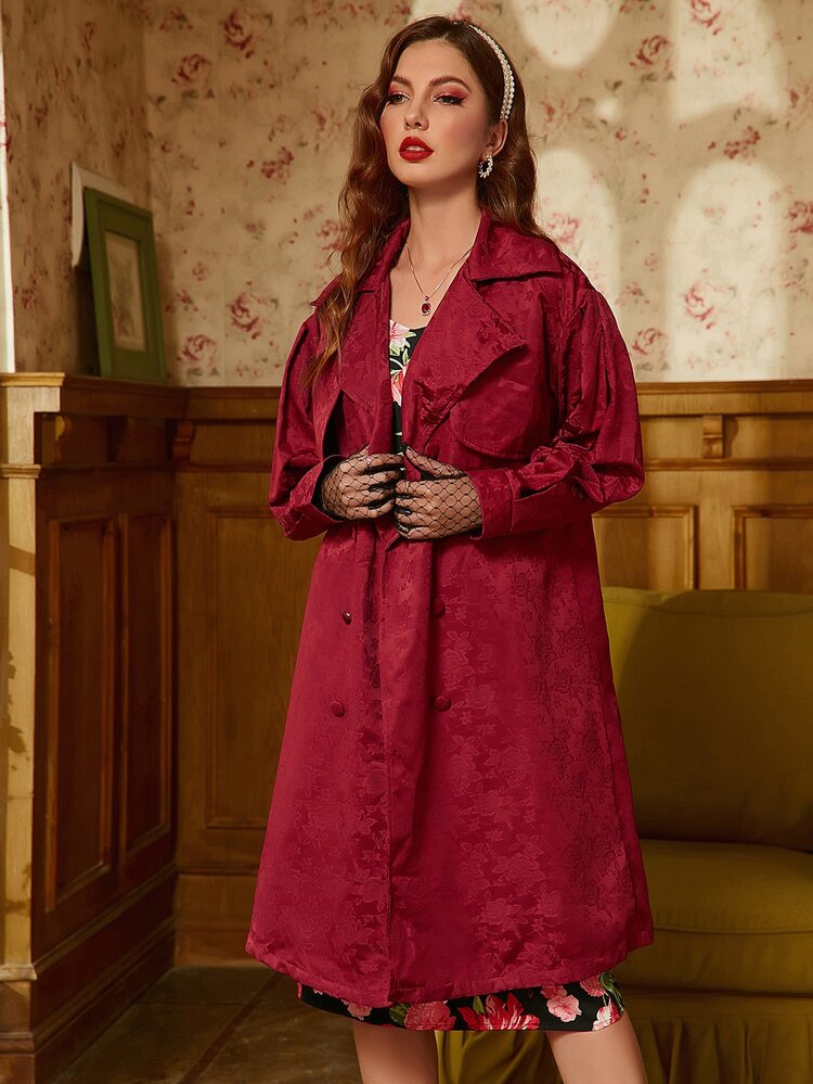 Mulvari 勃艮第红色提花双排扣落肩束带大衣 - 酒紅色 - 查看 5