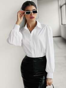 Modelyn Camisa informal con cuello vuelto y mangas de princesa, con botones delanteros - Blanco - Ver 5