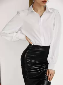 Modelyn Camisa informal con cuello vuelto y mangas de princesa, con botones delanteros - Blanco - Ver 6