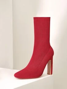 Minimalist Chunky Heeled Knit Boots - Red - View 9