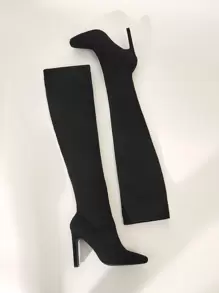 女鞋極簡主義尖頭粗跟過膝黑靴 - 黑色 - 查看 11