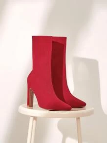 Minimalist Chunky Heeled Knit Boots - Red - View 7