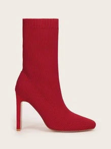 Minimalist Chunky Heeled Knit Boots - Red - View 3