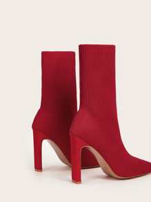 Minimalist Chunky Heeled Knit Boots - Red - View 6