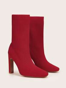 Minimalist Chunky Heeled Knit Boots - Red - View 5