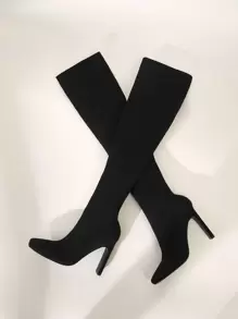 女鞋極簡主義尖頭粗跟過膝黑靴 - 黑色 - 查看 10