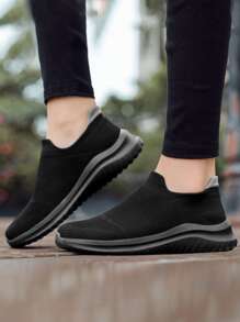 Sporty Black Running Shoes For Men, Knit Detail Slip On Sneakers Manfinity Basics