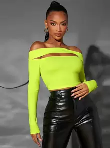 SHEIN SXY Neon Lime Off Shoulder Cutout Crop Tee - Lime Green - View 1