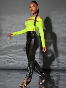 SHEIN SXY Neon Lime Off Shoulder Cutout Crop Tee - Lime Green - View 4