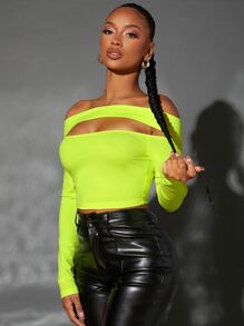 SHEIN SXY Neon Lime Off Shoulder Cutout Crop Tee - Lime Green - View 6