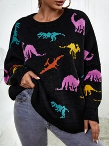 Dinosaur Pattern Drop Shoulder Sweater - Multicolor - View 1