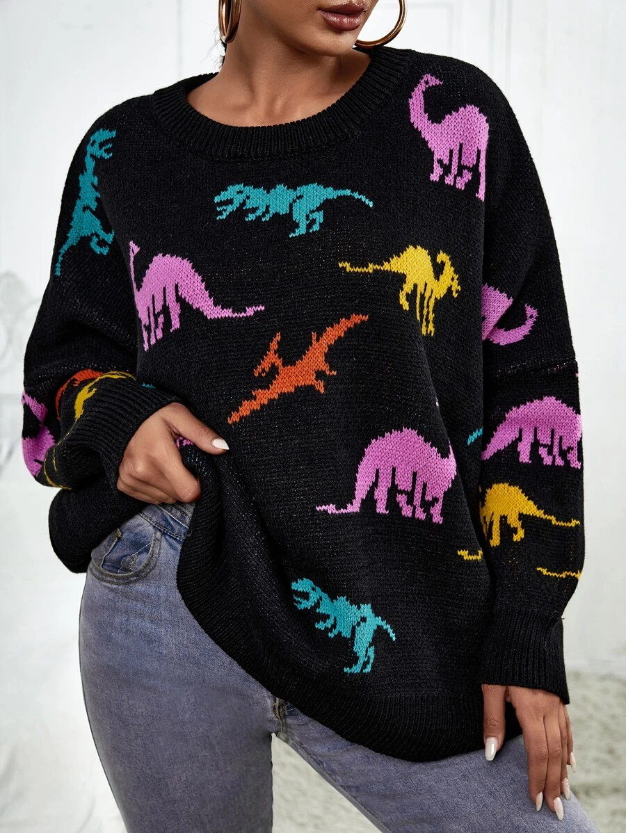 Dinosaur Pattern Drop Shoulder Sweater - Multicolor - View 1