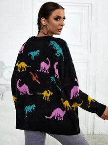 Dinosaur Pattern Drop Shoulder Sweater - Multicolor - View 2