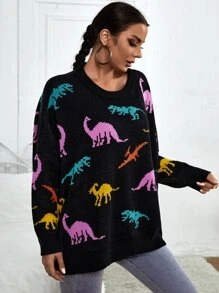 Dinosaur Pattern Drop Shoulder Sweater - Multicolor - View 3