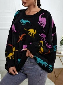 Dinosaur Pattern Drop Shoulder Sweater - Multicolor - View 4