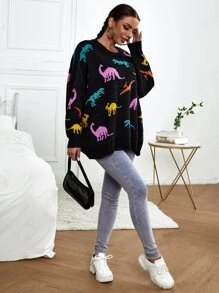 Dinosaur Pattern Drop Shoulder Sweater - Multicolor - View 5