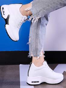 Women White Lace-up Front Sneakers, Letter Patch Round Toe Low-top Wedge Sneakers - White - View 4