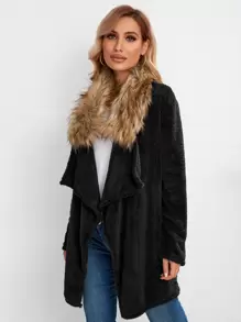 Abrigo teddy de cuello cascada - Negro - Ver 1