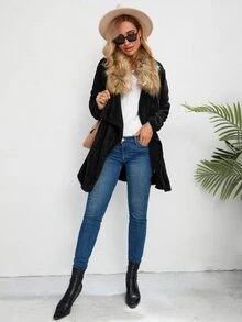 Abrigo teddy de cuello cascada - Negro - Ver 5