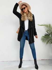 Abrigo teddy de cuello cascada - Negro - Ver 6