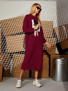 SHEIN Unity 豹紋前蝴蝶結人像圖案連帽連衣裙 - 酒紅色 - 查看 5