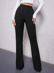 SHEIN Tall Elastic Waist Flare Leg Trousers - Black - View 1