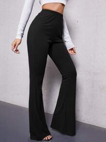 SHEIN Tall Elastic Waist Flare Leg Trousers - Black - View 5