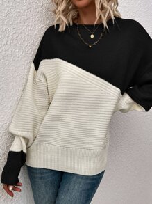 SHEIN LUNE 撞色圖案落肩袖套頭毛衣 - 黑與白 - 查看 3