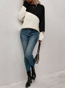 SHEIN LUNE 撞色圖案落肩袖套頭毛衣 - 黑與白 - 查看 5