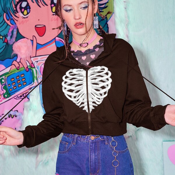 

Skeleton Graphic Zip Up Drawstring Hoodie, Chocolate brown
