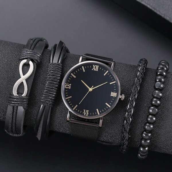 

1pc Men Round Pointer Quartz Watch & 4pcs Bracelet