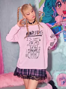 ROMWE Anime 字母卡通圖案超大號T恤 - 淺粉色 - 查看 1