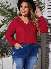 SHEIN LUNE Plus Guipure Lace Appliques Blouse - Burgundy - View 1